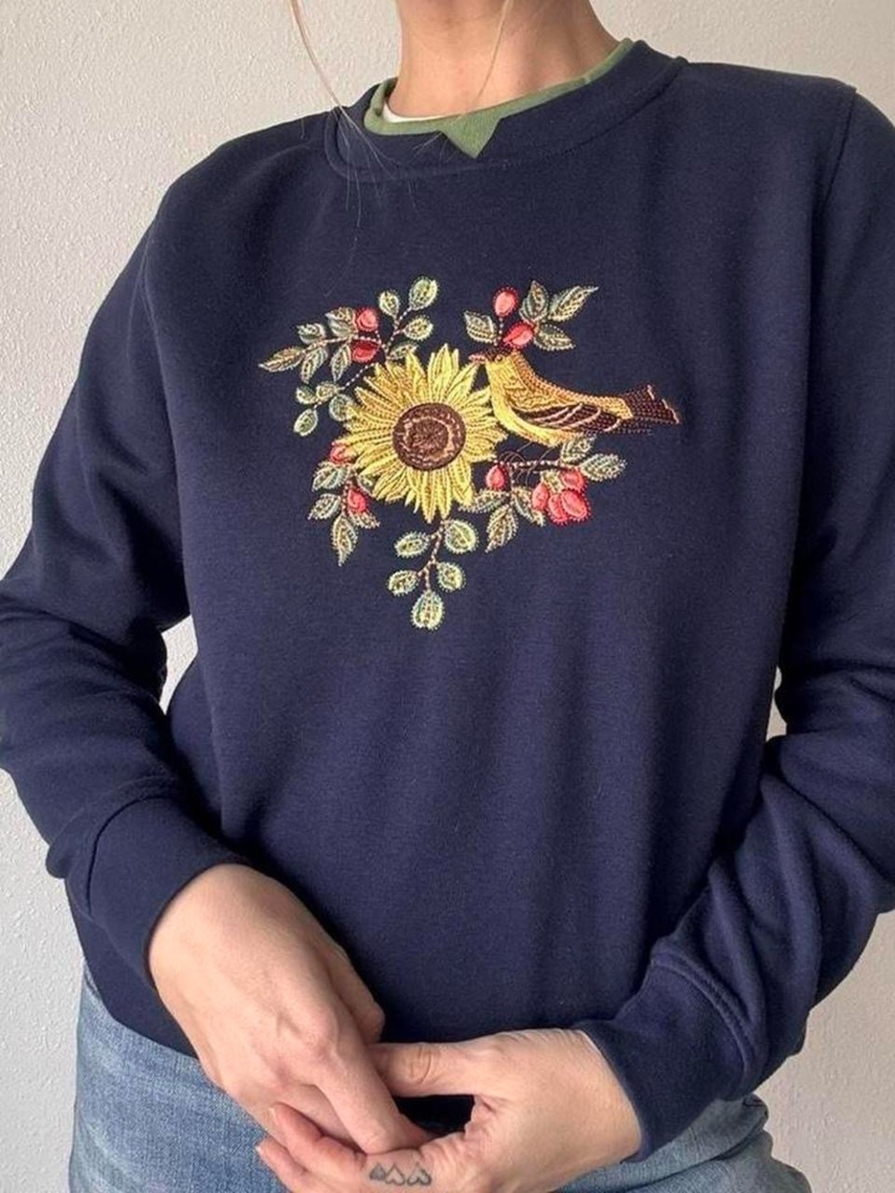 Navy Crewneck with Sunflower & Bird Embroidery